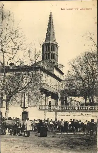 Ak Caussade Tarn et Garonne, Kirche, Markt, Kuh