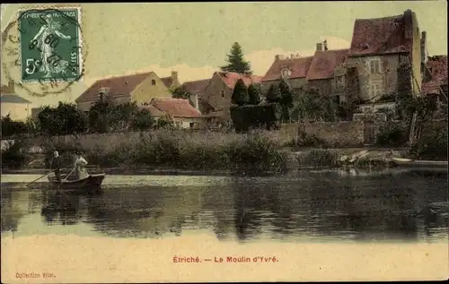 Ak Etriche Maine et Loire, Paysage du Moulin d'Ivre, Ruderboot