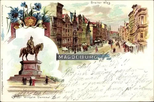 Litho Magdeburg in Sachsen Anhalt, Breiter Weg, Kaiser Wilhelm Denkmal