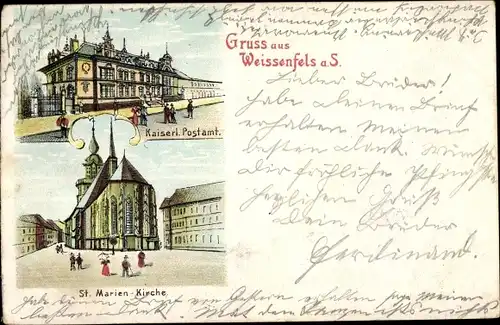 Litho Weißenfels an der Saale, Kaiserliches Postamt, St. Marienkirche