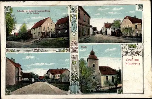 Ak Muschwitz Lützen im Burgenlandkreis, Kolonialwarenhandlung, Straßenpartien, Kirche