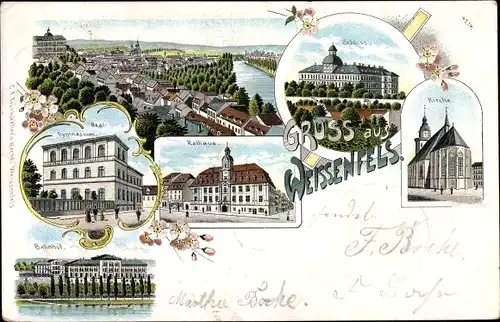 Litho Weißenfels im Burgenlandkreis, Realgymnasium, Rathaus, Bahnhof, Schloss, Kirche, Panorama