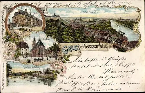 Litho Weißenfels im Burgenlandkreis, Post, Kirche, Brücke, Bahnhof, Panorama