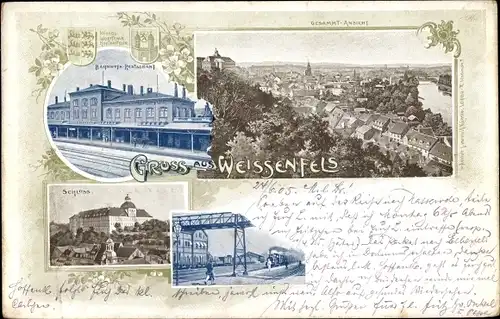 Litho Weißenfels im Burgenlandkreis, Bahnhofsrestaurant, Schloss, Bahnübergang, Totale vom Ort