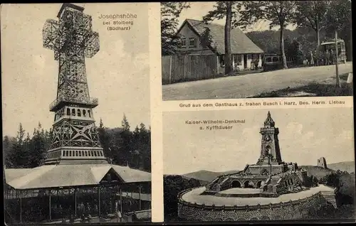 Ak Stolberg Südharz, Josephshöhe, Kaiser Wilhelm Denkmal Kyffhäuser, Gasthaus z. frohen Busch Harz