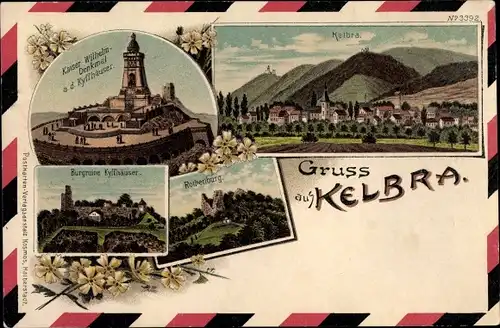 Litho Kelbra am Kyffhäuser, Kaiser Wilhelm Denkmal, Burgruine, Rothenburg, Panorama
