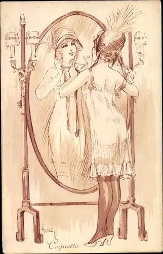 Künstler Ak Helli, Coquette, Junge Frau im Unterkleid vor dem Spiegel