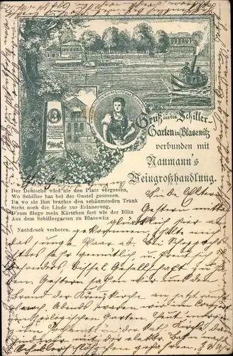 Litho Dresden Blasewitz, Schillergarten, Naumanns Weingroßhandlung, Denkmal