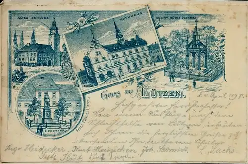 Litho Lützen im Burgenlandkreis, Altes Schloss, Rathaus, Gustav Adolf Denkmal, Siegesdenkmal