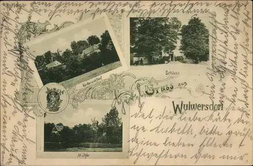 Passepartout Ak Wulfersdorf Wittstock Dosse in der Ostprignitz, Schloss, Kirche, Dorf, Mühle