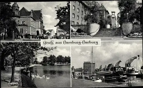 Ak Hamburg Harburg, Rathaus, Rosentreppe, Hafen, Stadtpark mit Schwänen