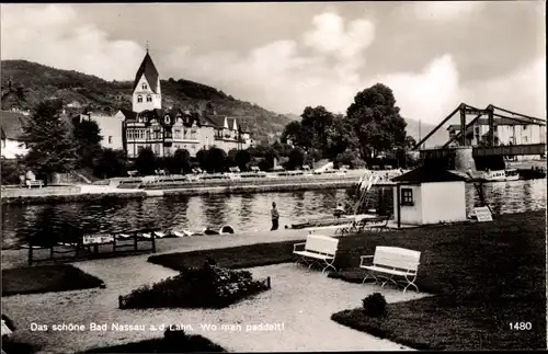 Ak Nassau an der Lahn, Teilansicht, Bootsanleger, Brücke