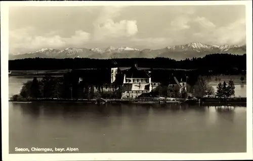 Ak Seeon Seebruck am Chiemsee Oberbayern, Gesamtansicht, Alpen