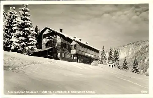 Ak Tiefenbach Oberstdorf im Oberallgäu, Alpengasthof Sesselalp, Winteransicht