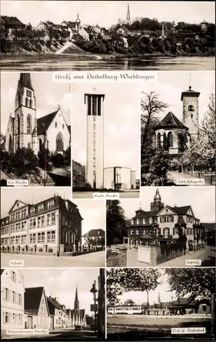 Ak Wieblingen Heidelberg am Neckar, Katholische Kirche, Schule, Schloss, Bahnhof, Straßenansicht