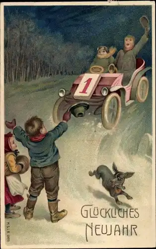 Ak Glückwunsch Neujahr, Automobil, Kalenderblatt 1, Hund