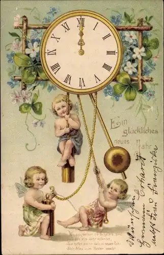 Präge Litho Glückwunsch Neujahr, Engel, Uhr, Kleeblätter, Vergissmeinnicht