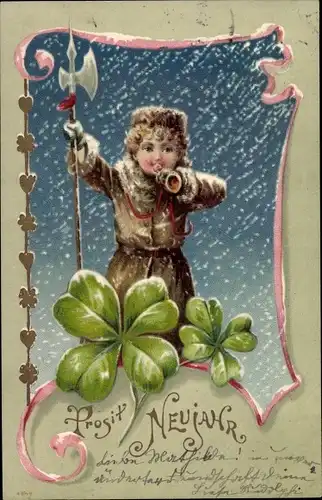 Präge Litho Glückwunsch Neujahr, Nachtwächter, Kleeblätter, Schneefall