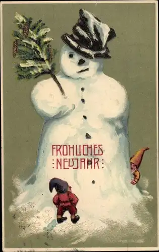 Präge Litho Glückwunsch Neujahr, Schneemann und zwei Zwerge