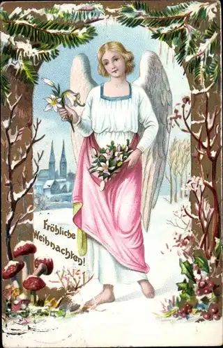 Litho Glückwunsch Neujahr, Engel mit Lilien, Stechpalmenzweige, Fliegenpilze