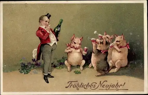 Litho Glückwunsch Neujahr, Schweine trinken Sekt, Mann im Frack