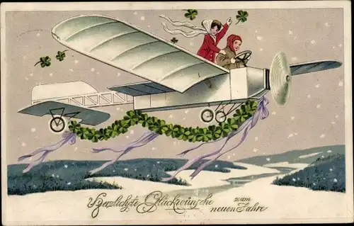 Präge Litho Glückwunsch Neujahr, Paar in einem Flugzeug, Kleeblätter