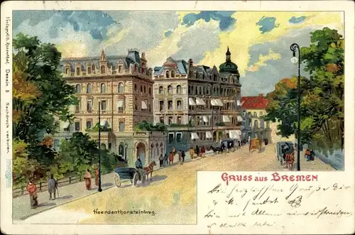 Litho Hansestadt Bremen, Blick in den Heerdenthorsteinweg, Kutsche