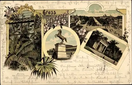 Litho Hannover in Niedersachsen, Herrenhäuser Allee, Mausoleum, Palmenhaus, Sachsenross