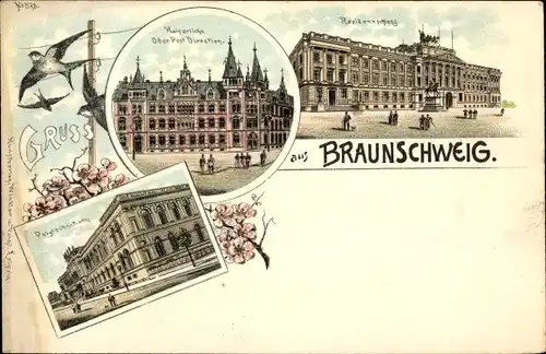 Litho Braunschweig in Niedersachsen, Kaiserliche Oberpostdirektion, Residenzschloss, Polytechnikum