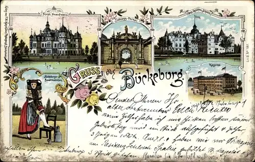 Litho Bückeburg in Niedersachsen, Fürstliches Neues Palais, Schlossportal, Kaserne, Bauernmädchen
