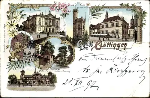 Litho Göttingen in Niedersachsen, Theater, Bismarckturm, Rathaus, Stadtpark