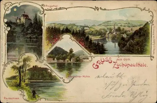 Mondschein Litho Lauenhain Mittweida in Sachsen, Zschopautal, Raubschloss, Ringetal, Mühle