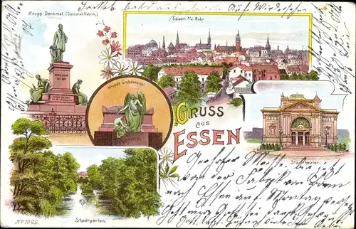 Litho Essen im Ruhrgebiet, Stadttheater, Krupp Denkmal, Stadtgarten, Totalansicht