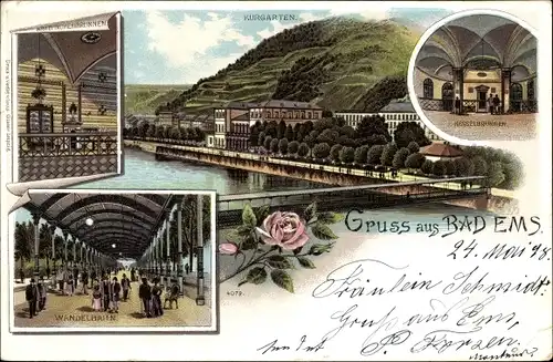 Litho Bad Ems im Rhein Lahn Kreis, Kurgarten, Kesselbrunnen, Wandelbahn