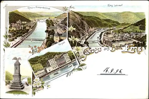 Litho Bad Ems im Rhein Lahn Kreis, Kursaal, Kriegerdenkmal, Ortsansicht Lahnaufwärts