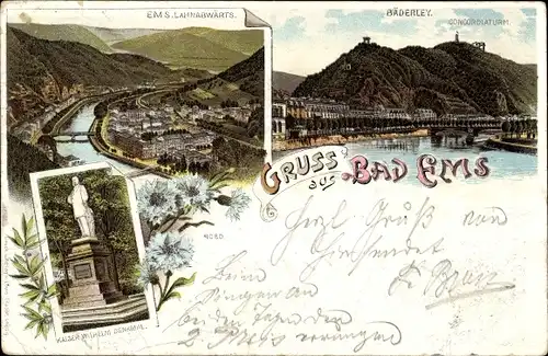 Litho Bad Ems an der Lahn, Bäderley, Concordiaturm, Kaiser Wilhelm Denkmal