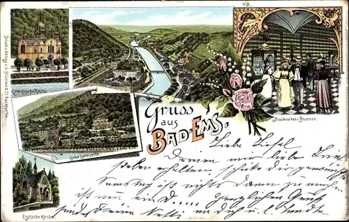 Litho Bad Ems an der Lahn, Griechische Kirche, Englische Kirche, Brunnen, Ortsansicht