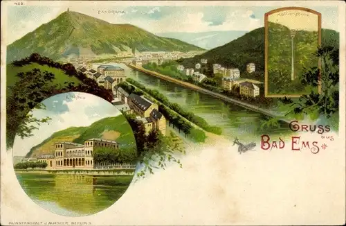 Litho Bad Ems an der Lahn, Panorama, Malbergbahn, Kurhaus