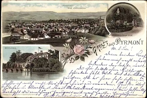 Vorläufer Litho Bad Pyrmont in Niedersachsen, Denkmal Königin Luise, Blick vom Königsberg, 1894
