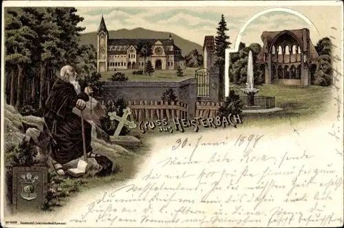 Litho Königswinter am Rhein, Kloster Heisterbach, Ruine, Mönch