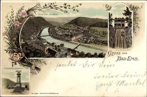 Litho Bad Ems an der Lahn, Malbergbahn, Kriegerdenkmal, Blick vom Kurberg, Standseilbahn