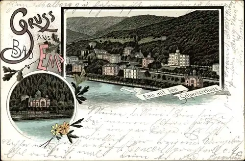 Litho Bad Ems an der Lahn, Griechische Kapelle, Blick auf den Ort mit Schweizerhaus