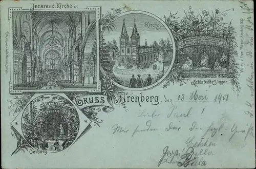 Litho Arenberg Koblenz am Rhein, Kirche, Innenansicht, Ölberg, Schlafende Jünger