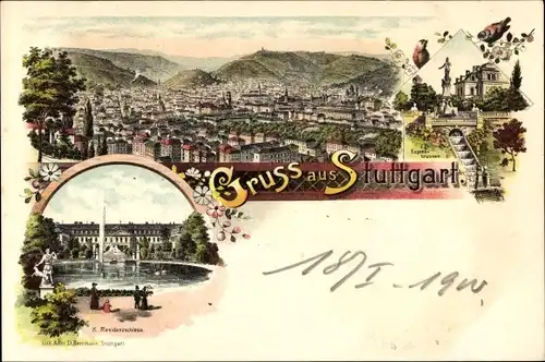 Litho Stuttgart am Neckar, Residenzschloss, Panorama, Eugen Brunnen