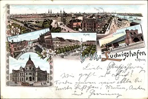 Litho Ludwigshafen am Rhein, Rheinbrücke, Markt, Bahnhof, Post, Totalansicht