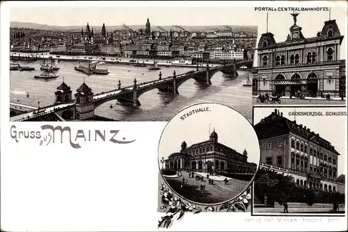 Litho Mainz am Rhein, Zentralbahnhof, Portal, Großherzogliches Schloss, Stadthalle, Totalansicht