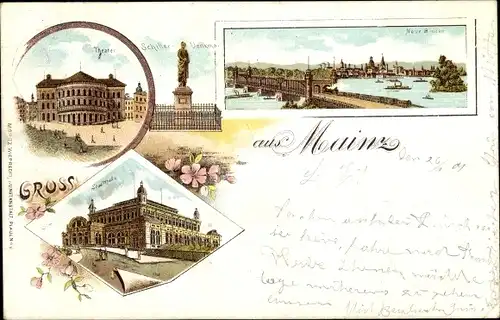 Litho Mainz am Rhein, Theater, Schiller Denkmal, Stadthalle, neue Brücke
