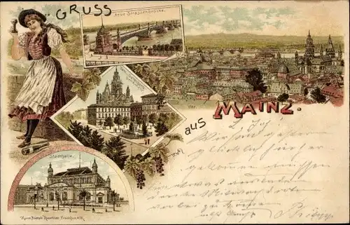 Litho Mainz am Rhein, Stadthalle, neue Straßenbrücke, Dom, Blick auf den Ort