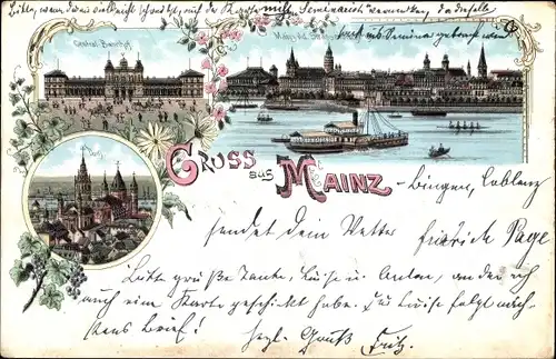 Litho Mainz am Rhein, Dom, Zentralbahnhof, Stadtansicht