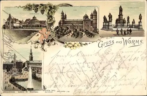 Litho Worms am Rhein, Festspielhaus, Dom, Luther Denkmal, Großherzog Ludwig IV Denkmal